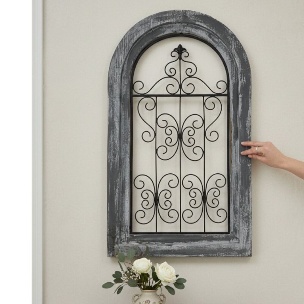 IRON WALL DECOR -- Rustic, Arched, Wooden Frame, Distressed, Scrollwork, Decor